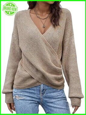 Casual Long Sleeve V Neck Ribbed Wrap Drop Shoulder Sweater